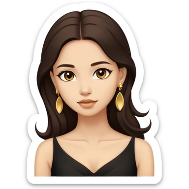 Beautiful woman,cute, long dark brown hair in dark dress with gold earrings sticker