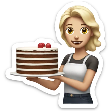 White woman with large cake sticker