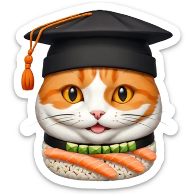 happy cat wearing a hat made out of sushi pieces sticker