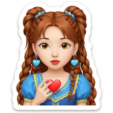 A cute ukrainian girl, looks slightly mongolian with full lips, with long auburn hair two side ponytails plaited, has heart earrings in the ukrainian yellow and blue, and is wearing her little black dress, she is blowing a kiss. sticker