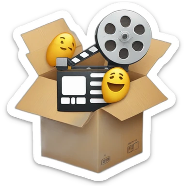 Video icons, movie camera, film, play, logos, likes, thumbs up, marks, views, coverage, applause fly out of a Cardboard box sticker