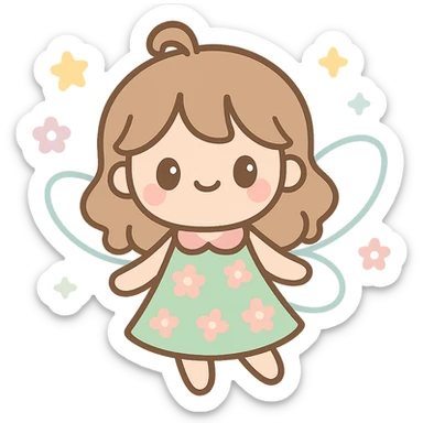 fairycore girl with light brown hair, wearing a green and pink floral dress, translucent fairy wings, magical atmosphere sticker