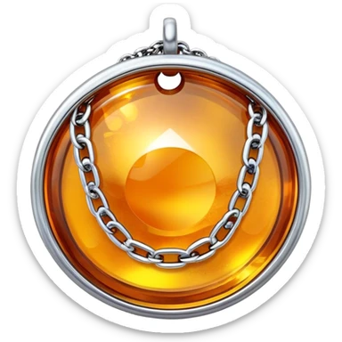 extreme close up of a round cut holographic amber charm with silver metal accent and chunky chain sticker