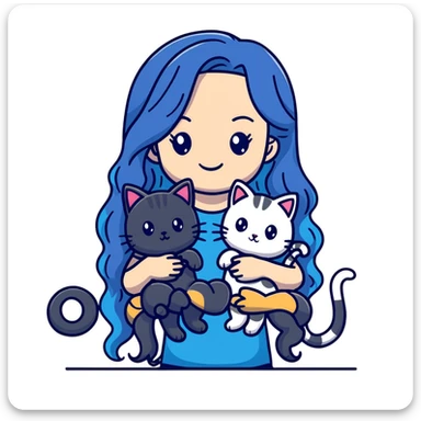 Girl with long wavy blue hair holding three cats, one black cat, one grey cat, and one grey-striped cat sticker