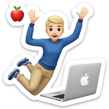 crazy student with laptop, jumping with excitement, apple style emoji sticker