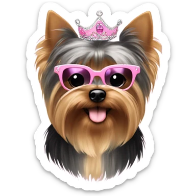 Yorkie with tiara and fluffy pink and black jacket and sunglasses  sticker