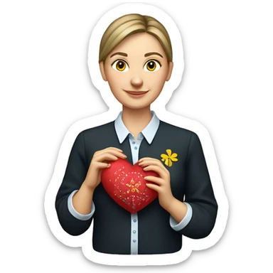 A Ukrainian teacher in an embroidered shirt holds a heart in her hands sticker