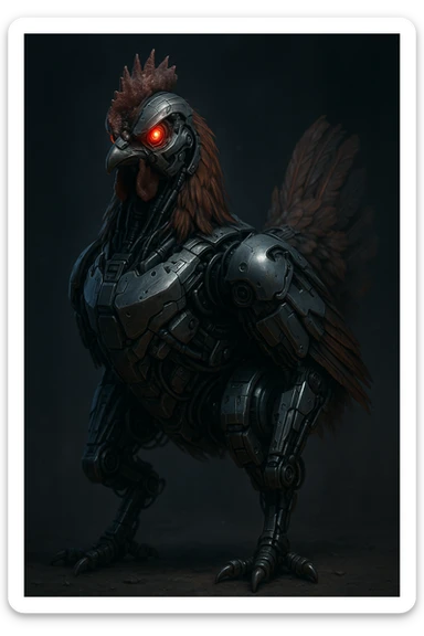 a cyborg chicken with glowing red eyes, metallic body parts, and a menacing look sticker