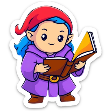 female dwarf sorcerer from DnD, cartoon sticker style, holding a spellbook sticker