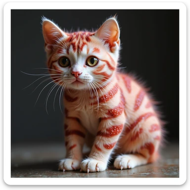 a photorealistic cat with skin covered in strawberry patterns, thick bushy eyebrows, and white toes, detailed, lifelike sticker