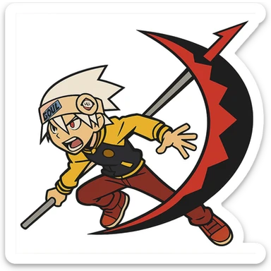 Soul Eater Evans transforming into scythe form, white hair, headband, anime style, action scene sticker