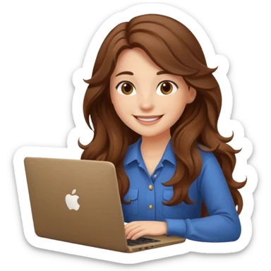 Sitting in front of a laptop in the style of a cute female developer. Not wearing glasses, smiling with long hair waves. Early 20s
 sticker