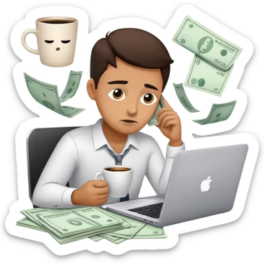 Create an emoji of a tired entrepreneur sitting at a laptop, surrounded by floating invoices and bills. The character looks exhausted, with dark circles under their eyes and a coffee cup in hand, symbolizing constant financial stress." sticker