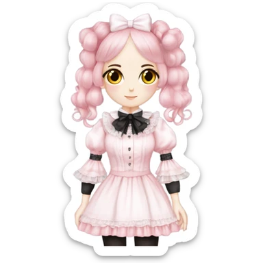 Vestido rosa pastel y white gothic lolita, cuerpo completo, color de piel morena, pelo largo, pelo de color rojo y negro sticker