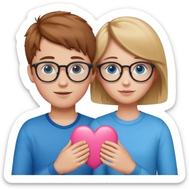 two young lovers, a pink heart in the middle, boy with chestnut hair and glasses, girl blonde with blue eyes, emoji style sticker
