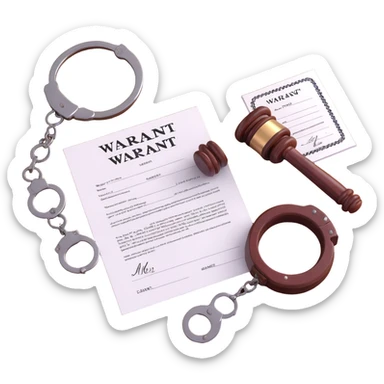 realistic 3D icon of a legal document labeled 'WARRANT' at the top, with body text, signature, and stamp at the bottom, shown with a wooden gavel and metal handcuffs, brightly lit, isolated sticker