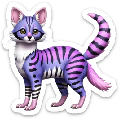 Beautiful fluffy vibrant soft exotic elegant spotted dotted thick puffy hyper-realistic lifelike furry Indigo, purple, violet, pink, Civet-Genet-Possum-Serval-Caracal-Sergal-Trico-Numbat-Furret-fusion-Fakemon-hybrid-creature (full body) with long tufted ears and a striped tufted tail  sticker
