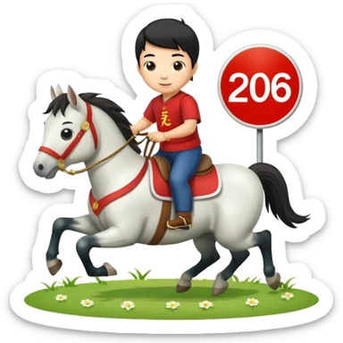 l little chinese boy riding on a  cute horse running on the grass with 2026 year label sticker