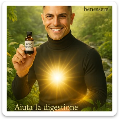 Uomo con viso del riferimento che mostra una boccetta con etichetta 'acido fulvico', ambiente naturale e luminoso, energia luminosa visibile su addome e pelle, elementi di natura come piante e acqua, atmosfera benessere, testo in italiano. sticker