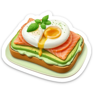 avocado toast with salmon and pachot eggs, green cream sticker