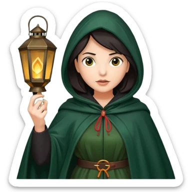 traitor tv show, dark haired woman wearing dark green cloak with hood up who looks evil and is holding up a lantern sticker
