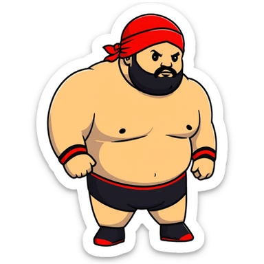 White skin fat guy with black durag, black beard, and black eyes in a red and black wrestling singlet sticker