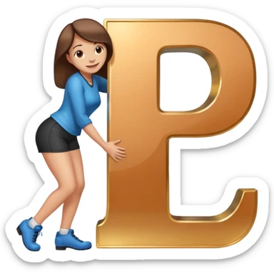 woman on all fours looking down and smiing at the lower hook of large letter J sticker