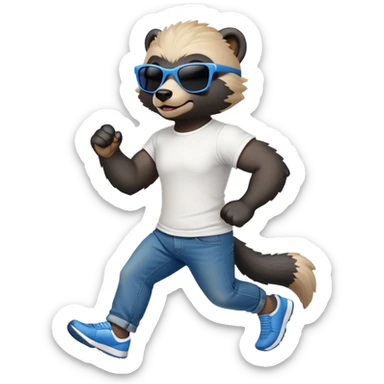 friendly anthropomorphised honey badger in jeans and a t-shirt, wearing sunglasses, jogging upright, standard pose sticker