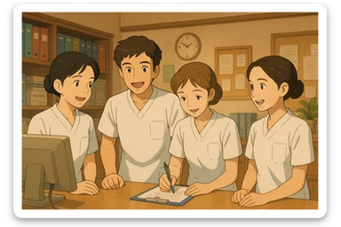 Four nursing students inspired by reference photos, together in a care station, warm atmosphere, teamwork, all wearing white short-sleeve uniforms without collar stand or stethoscope, medical tunics with V-neck and left chest pocket, no fabric extending from sleeves, care station decor, Ghibli style sticker