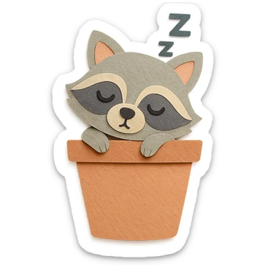 a sleepy raccoon inside a flower pot, pastel earthy colors, paper craft style sticker