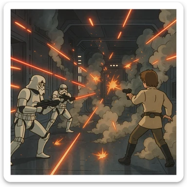 BLASTER FIRE, EVERYWHERE, SMOKE, STAR WARS, SHOOTOUT, INSIDE THE DEATH STAR , EMPIRE STRIKES BACK, RETURN OF THE JEDI sticker