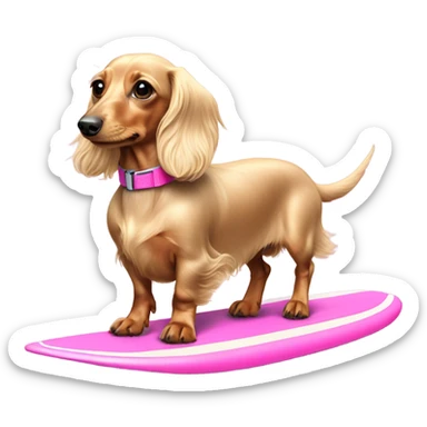 Long haired miniature dachshund cream colour with pink collar  on surfboard sticker