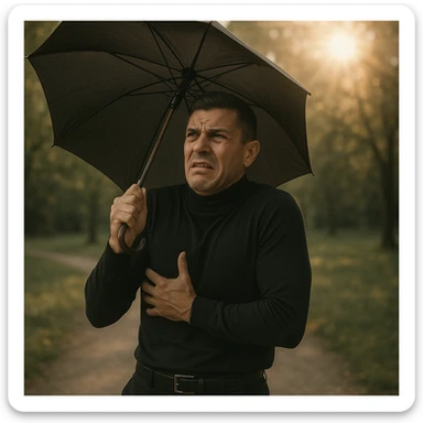 Create a symbolic 4k realistic scene in a park, showing a man with an umbrella and worried expression blocking the sunlight. The man looks uncomfortable and fearful. The sunlight is natural and warm, but the man is tense and defensive. Use muted colors and expressive body language, symbolizing confusion about sunlight and health. Use the reference image for facial features and general appearance. sticker