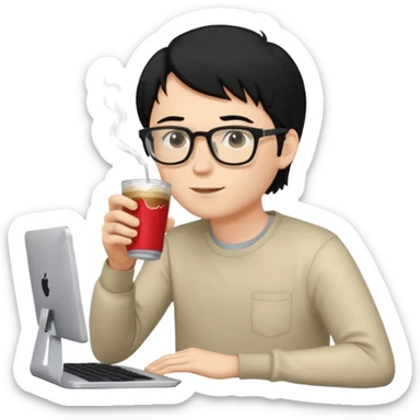 Hombre blanco con gafas, pelo negro tomando un refresco frente a un ordenador con ropa de sport, se ve en la pantalla del ordenador una mujer rubia tomando café sticker