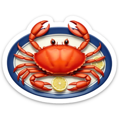 crab on a porcelain platter with lemon  sticker