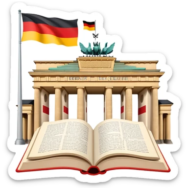 An icon featuring the Brandenburg Gate and the big flag of Germany, symbolizing the German language. The design includes an open book with German text representing language learning and German culture. Transparent background highlights the essence of German heritage. sticker