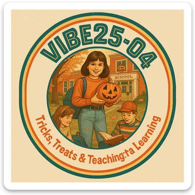 Create a logo that encompasses a retro 80's feel, nostalgic, ALSO RETRO.  Add the words "VIBE25-04: Tricks, Treats & Teaching: Fall Into Learning" sticker