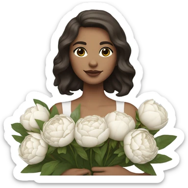 a white girl with shoulder length dark brown hair, brown eyes, small rosy lips holding a bouquet of white peonies sticker