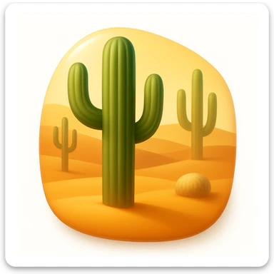 Create a desert emoji inspired by the reference image in iOS emoji style. Keep the same cacti, sand, and colors with a smooth and shiny appearance. The shape should have rounded or freeform edges, not confined to a square. Add a subtle highlight to the emoji. sticker