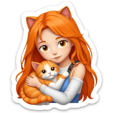 Fair skin girl with long hair - white sling - hugging a orange cat sticker