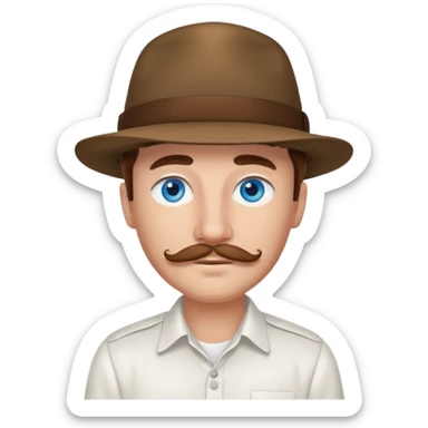 Justin Jeffre blue eyes, brown hair and mustache, white shirt and hat sticker