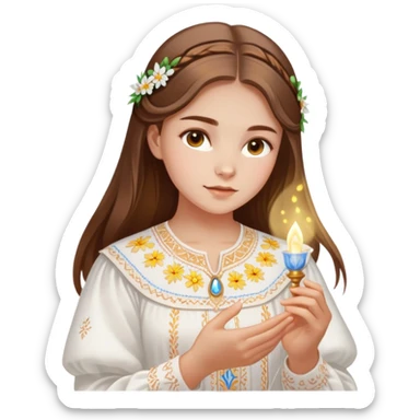 Ukrainian young girl with brown hair wearing a traditional white embroidered vyshyvanka shirt, holding a glowing ethereal light representing her soul sticker