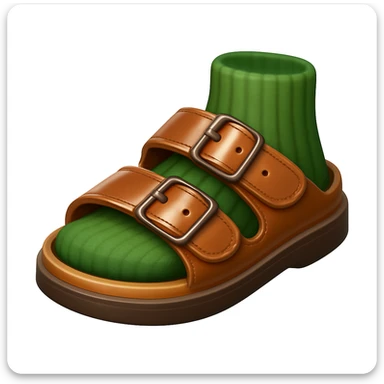 Create a shoe emoji that looks exactly like the reference image in iOS emoji style. The shoe should be 3D with shiny, smooth gradients, soft shadows, and a realistic brown sandal with straps, capturing the classic emoji look. Add a glossy effect to the leather. sticker