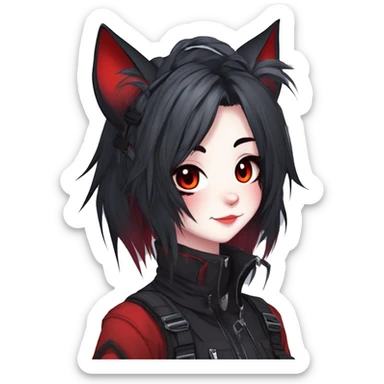 Gorgeous gothic dark techwear anime style anthro cat furry sona with blushing face aesthetic and pretty edgy black red punk messy ponytail hair with collar and harness trending style sticker