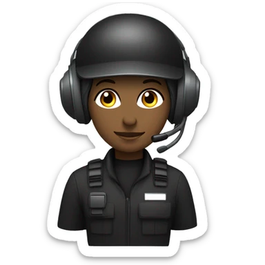 operator dressed in black with a milatary helmet, without glasses, wearing a headset, ready to respond to alerts, preferably female white sticker