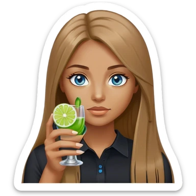 tan woman, black shirt, long light brown straight hair, grey blue eyes, holding a shot with lime sticker