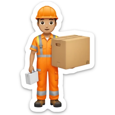 man standing sideways, wearing orange hi visibility overalls, carrying a box sticker