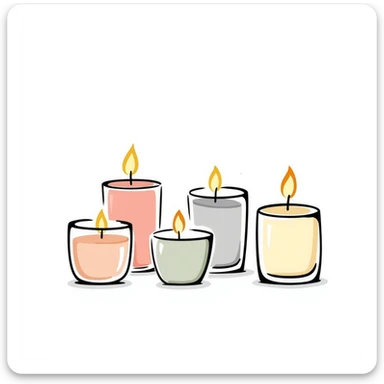 candles in glass holders, some lit with gentle flames, pastel colors dd9fb0 ffc6d3 a3bfc9 c4bee2 f1b091, detailed hand-drawn doodle style sticker