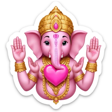 hindu god ganesh with his hands together forming a heart shape with a pink heart in the middle of his hands sticker