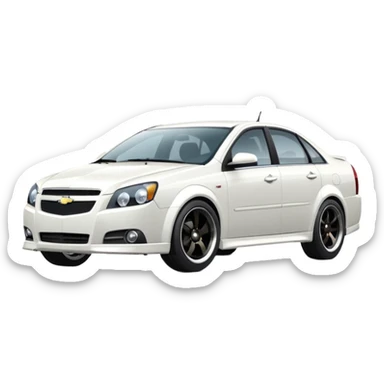 A cinematic, high-detail photograph of a glossy white Chevrolet Optra Magnum sedan with tinted windows and custom alloy rims sticker